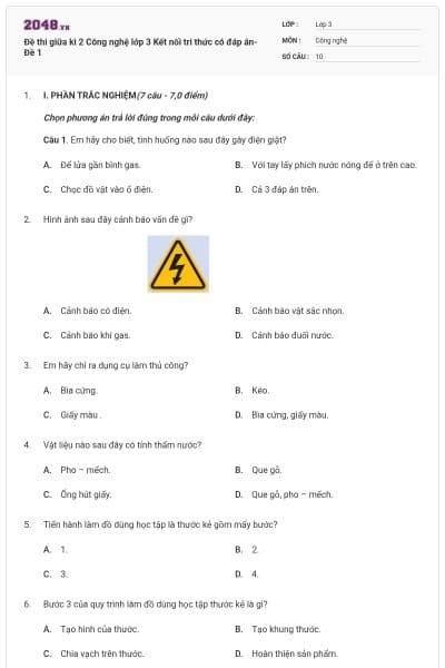 Đề thi giữa kì 2 Công nghệ lớp 3 Kết nối tri thức có đáp án- Đề 1