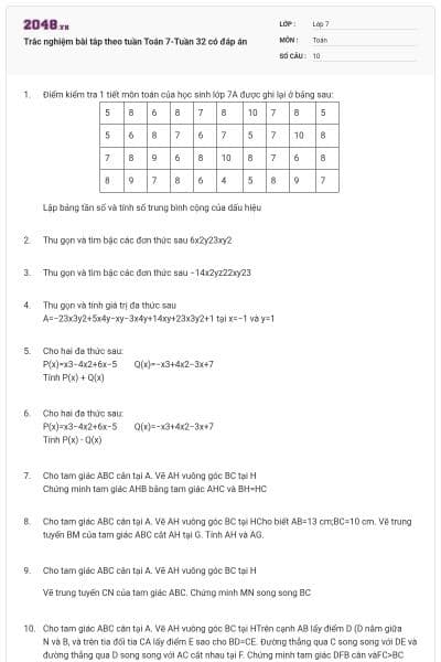 Trắc nghiệm bài tâp theo tuần Toán 7-Tuần 32 có đáp án