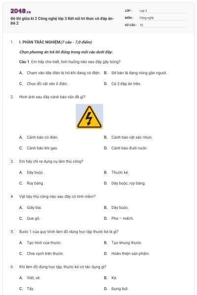 Đề thi giữa kì 2 Công nghệ lớp 3 Kết nối tri thức có đáp án- Đề 2