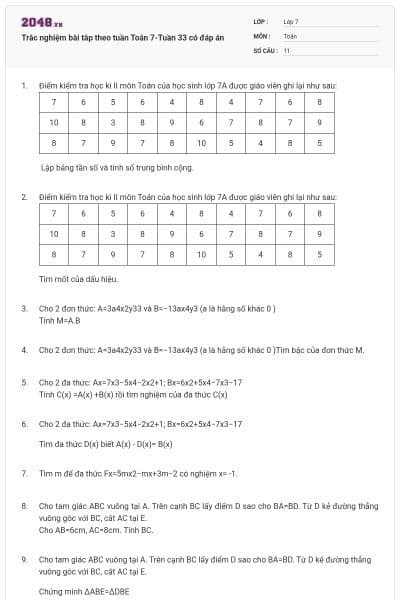 Trắc nghiệm bài tâp theo tuần Toán 7-Tuần 33 có đáp án