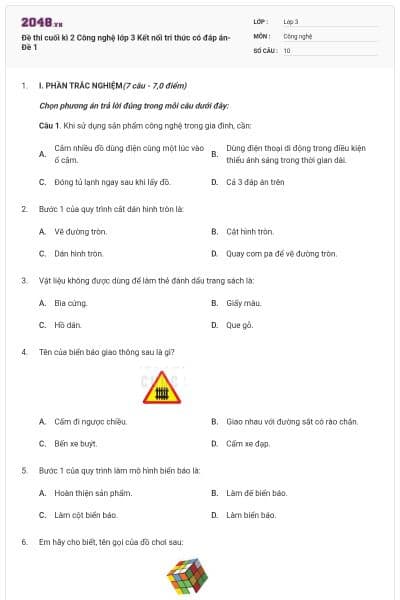 Đề thi cuối kì 2 Công nghệ lớp 3 Kết nối tri thức có đáp án- Đề 1