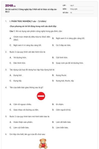 Đề thi cuối kì 2 Công nghệ lớp 3 Kết nối tri thức có đáp án- Đề 2