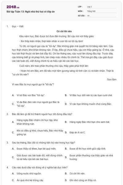 Bài tập Tuần 13: Ngôi nhà thứ hai có đáp án