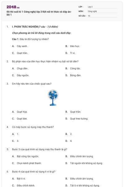 Đề thi cuối kì 1 Công nghệ lớp 3 Kết nối tri thức có đáp án- Đề 1