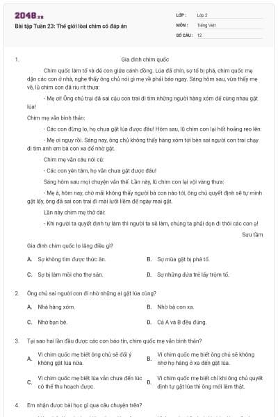 Bài tập Tuần 23: Thế giới lòai chim có đáp án