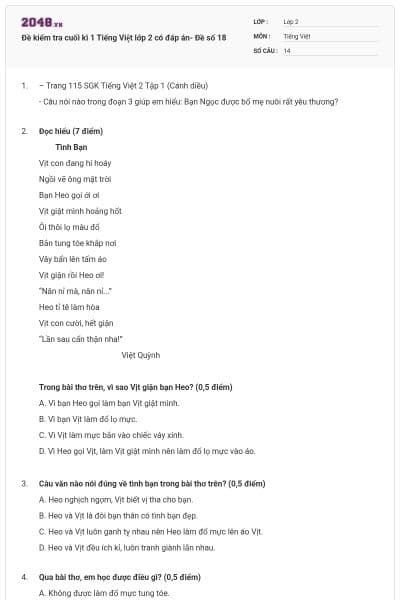 Đề kiểm tra cuối kì 1 Tiếng Việt lớp 2 có đáp án- Đề số 18