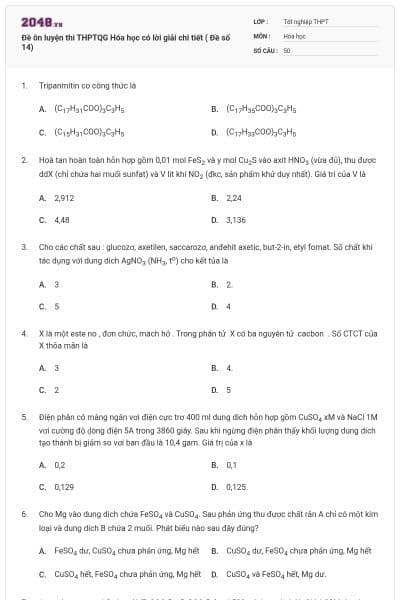 Đề ôn luyện thi THPTQG Hóa học có lời giải chi tiết ( Đề số 14)