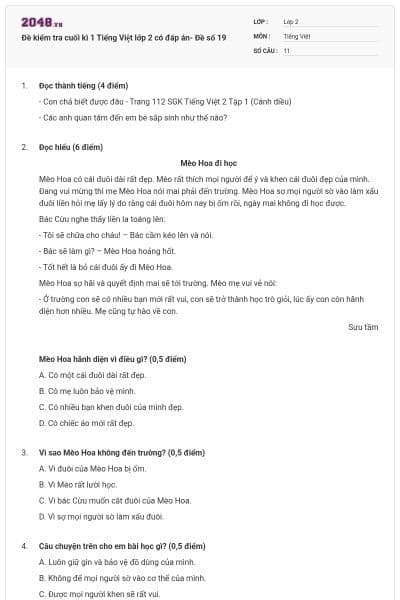 Đề kiểm tra cuối kì 1 Tiếng Việt lớp 2 có đáp án- Đề số 19
