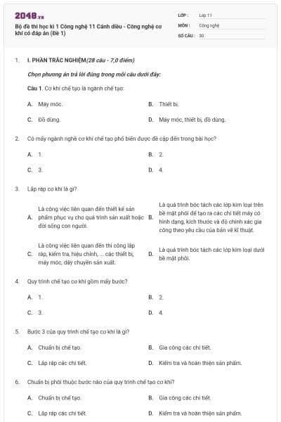 Bộ đề thi học kì 1 Công nghệ 11 Cánh diều - Công nghệ cơ khí có đáp án (Đề 1)