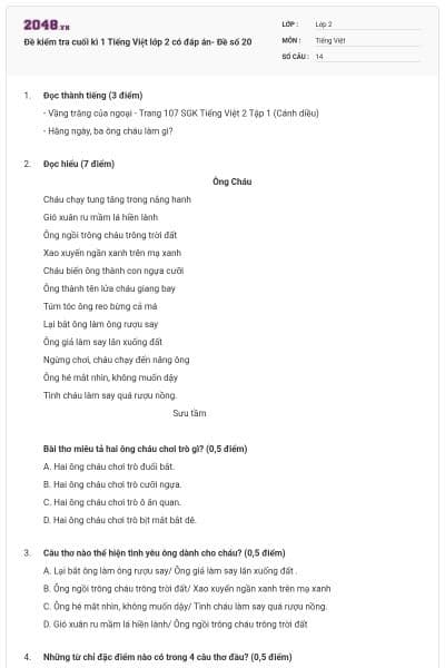 Đề kiểm tra cuối kì 1 Tiếng Việt lớp 2 có đáp án- Đề số 20