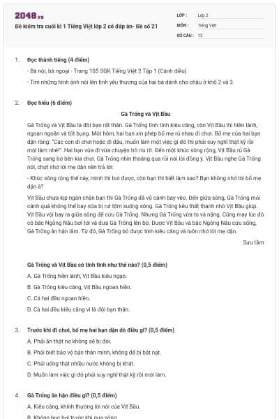 Đề kiểm tra cuối kì 1 Tiếng Việt lớp 2 có đáp án- Đề số 21