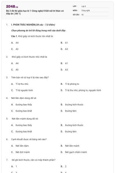 Bộ 2 đề thi giữa học kì 1 Công nghệ 8 Kết nối tri thức có đáp án ( Đề 1)