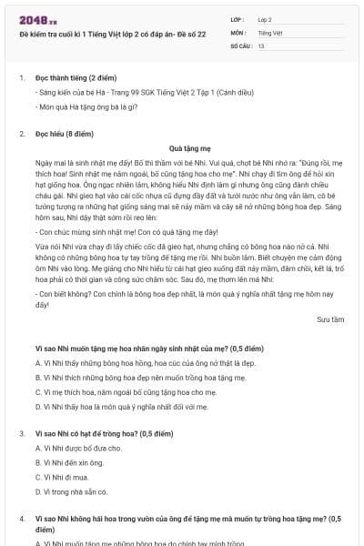 Đề kiểm tra cuối kì 1 Tiếng Việt lớp 2 có đáp án- Đề số 22