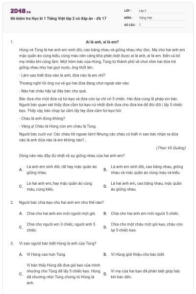 Đề kiểm tra Học kì 1 Tiếng Việt lớp 2 có đáp án - đề 17