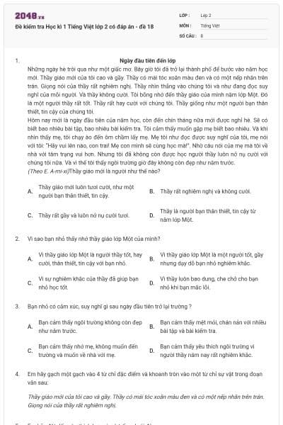 Đề kiểm tra Học kì 1 Tiếng Việt lớp 2 có đáp án - đề 18