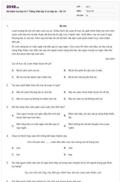Đề kiểm tra Học kì 1 Tiếng Việt lớp 2 có đáp án - đề 19