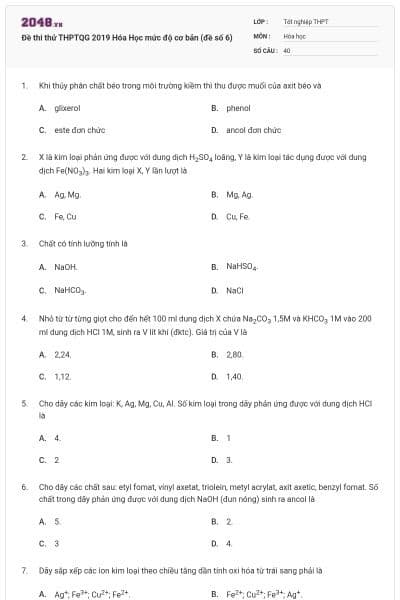 Đề thi thử THPTQG 2019 Hóa Học mức độ cơ bản (đề số 6)