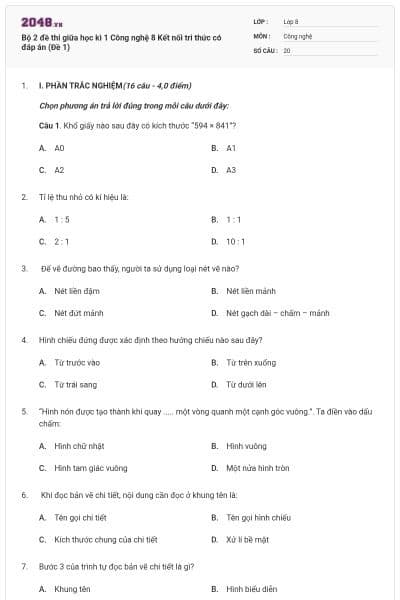 Bộ 2 đề thi giữa học kì 1 Công nghệ 8 Kết nối tri thức có đáp án (Đề 1)