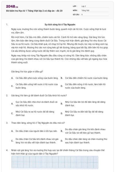 Đề kiểm tra Học kì 1 Tiếng Việt lớp 2 có đáp án - đề 20