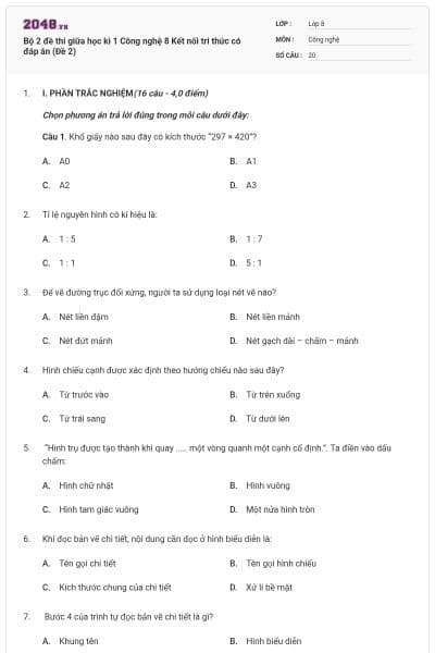 Bộ 2 đề thi giữa học kì 1 Công nghệ 8 Kết nối tri thức có đáp án (Đề 2)