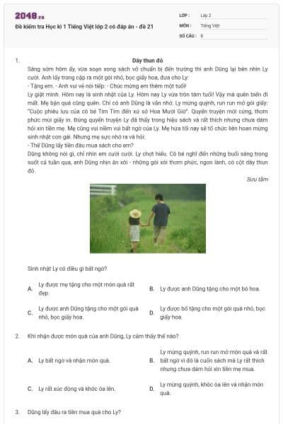 Đề kiểm tra Học kì 1 Tiếng Việt lớp 2 có đáp án - đề 21