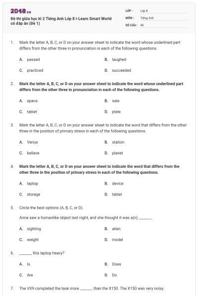 Đề thi giữa học kì 2 Tiếng Anh Lớp 8 i-Learn Smart World có đáp án (Đề 1)