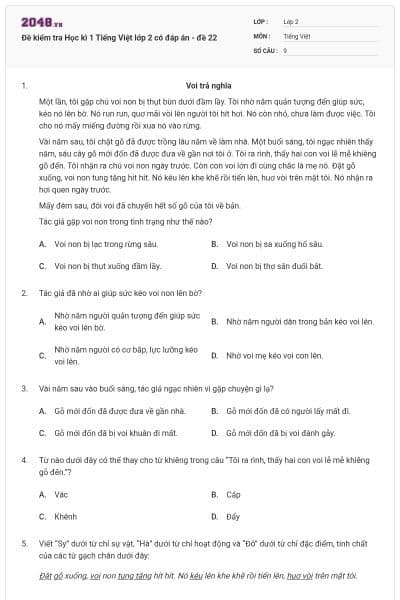Đề kiểm tra Học kì 1 Tiếng Việt lớp 2 có đáp án - đề 22