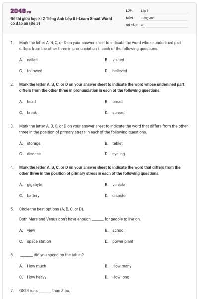 Đề thi giữa học kì 2 Tiếng Anh Lớp 8 i-Learn Smart World có đáp án (Đề 3)