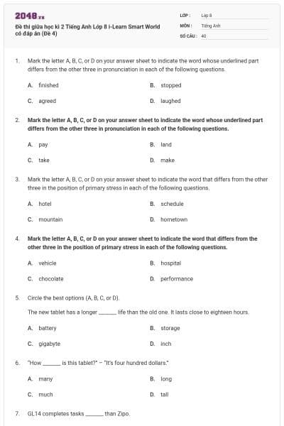 Đề thi giữa học kì 2 Tiếng Anh Lớp 8 i-Learn Smart World có đáp án (Đề 4)