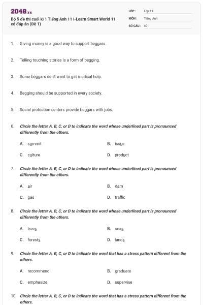 Bộ 5 đề thi cuối kì 1 Tiếng Anh 11 i-Learn Smart World 11 có đáp án (Đề 1)