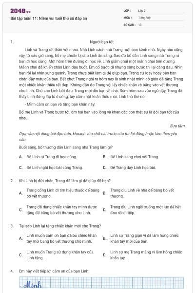 Bài tập tuần 11: Niềm vui tuổi thơ có đáp án