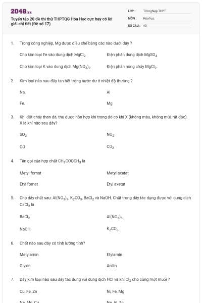 Tuyển tập 20 đề thi thử THPTQG Hóa Học cực hay có lời giải chi tiết (Đề số 17)