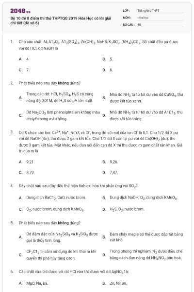 Bộ 10 đề 8 điểm thi thử THPTQG 2019 Hóa Học có lời giải chi tiết (đề số 6)