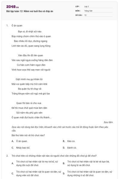 Bài tập tuần 12: Niềm vui tuổi thơ có đáp án