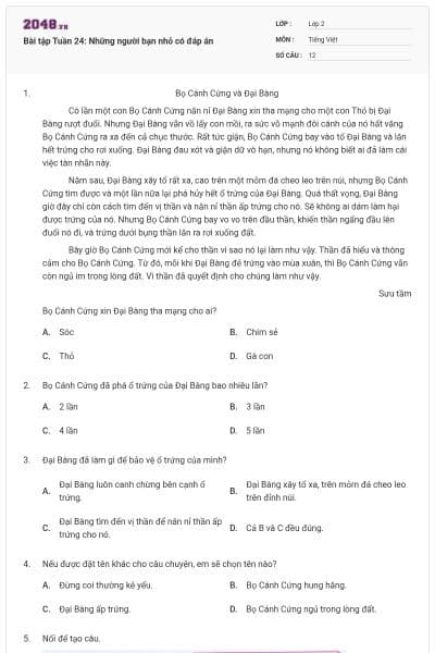 Bài tập Tuần 24: Những người bạn nhỏ có đáp án