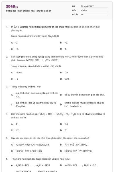 50 bài tập Phản ứng oxi hóa - khử có đáp án