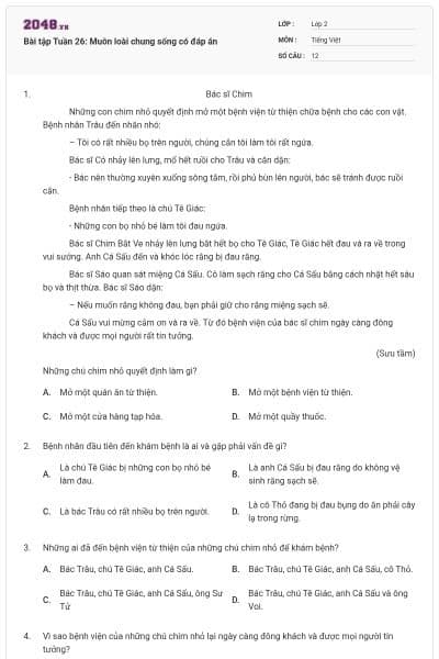 Bài tập Tuần 26: Muôn loài chung sống có đáp án