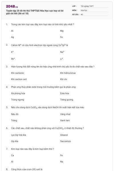 Tuyển tập 20 đề thi thử THPTQG Hóa Học cực hay có lời giải chi tiết (Đề số 18)