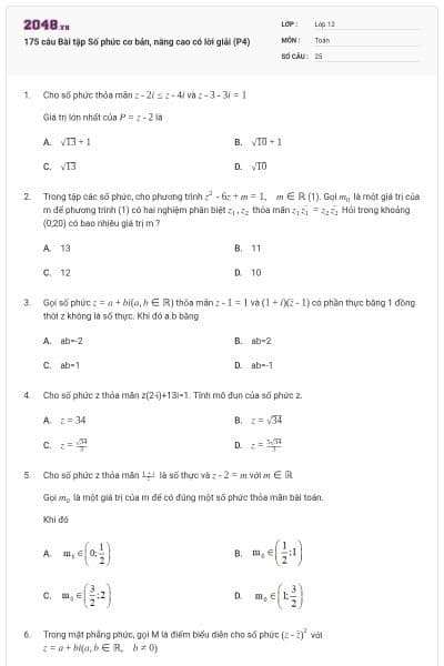 175 câu  Bài tập Số phức cơ bản, nâng cao có lời giải (P4)
