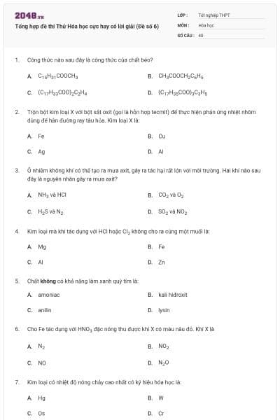 Tổng hợp đề thi Thử Hóa học cực hay có lời giải (Đề số 6)