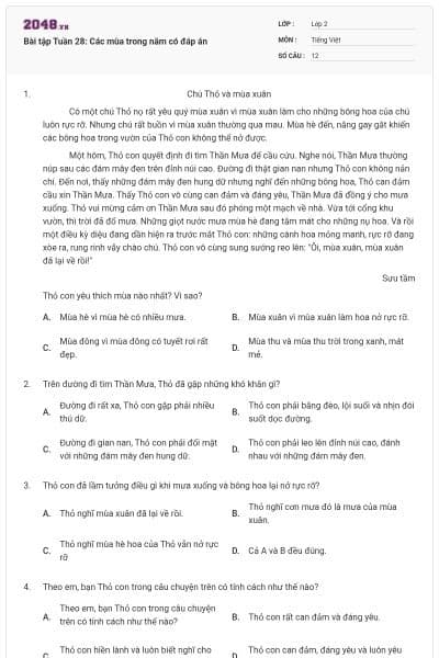 Bài tập Tuần 28: Các mùa trong năm có đáp án