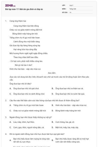 Bài tập tuần 17: Mái ấm gia đình có đáp án