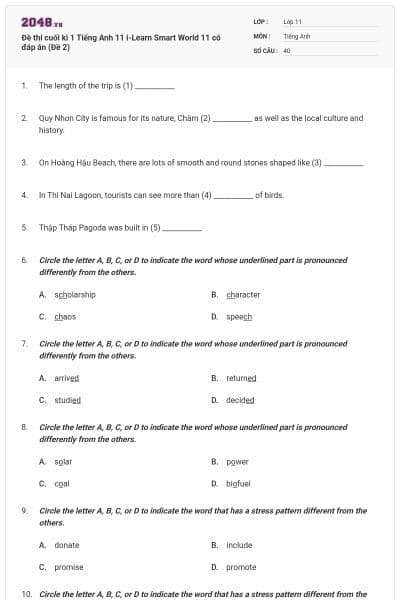 Đề thi cuối kì 1 Tiếng Anh 11 i-Learn Smart World 11 có đáp án (Đề 2)