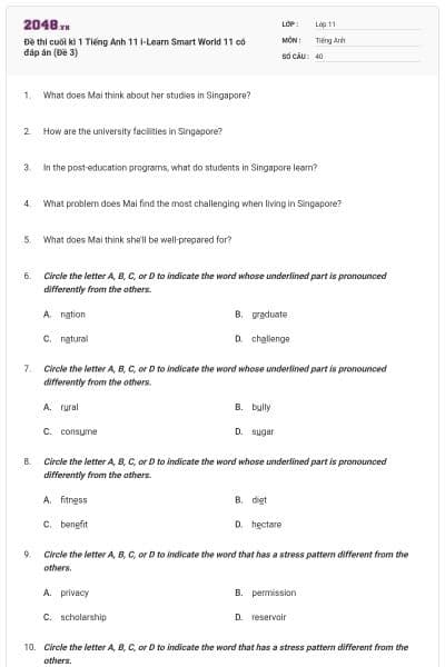 Đề thi cuối kì 1 Tiếng Anh 11 i-Learn Smart World 11 có đáp án (Đề 3)