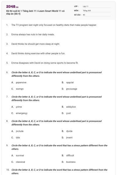 Đề thi cuối kì 1 Tiếng Anh 11 i-Learn Smart World 11 có đáp án (Đề 4)