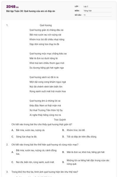 Bài tập Tuần 30: Quê hương của em có đáp án