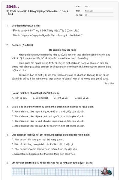 Bộ 22 đề thi cuối kì 2 Tiếng Việt lớp 2 Cánh diều có đáp án - Đề 4