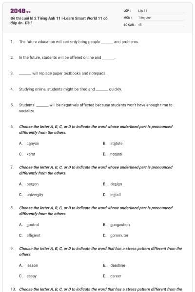 Đề thi cuối kì 2 Tiếng Anh 11 i-Learn Smart World 11 có đáp án- Đề 1