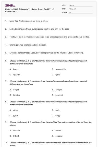 Đề thi cuối kì 2 Tiếng Anh 11 i-Learn Smart World 11 có đáp án- Đề 2
