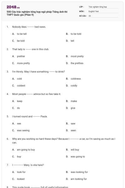 500 Câu trắc nghiệm tổng hợp ngữ pháp Tiếng Anh thi THPT Quốc gia (Phần 9)